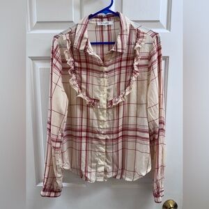 Frame Women’s Red And Cream Check Button Up Long Sleeve Blouse Size Large
